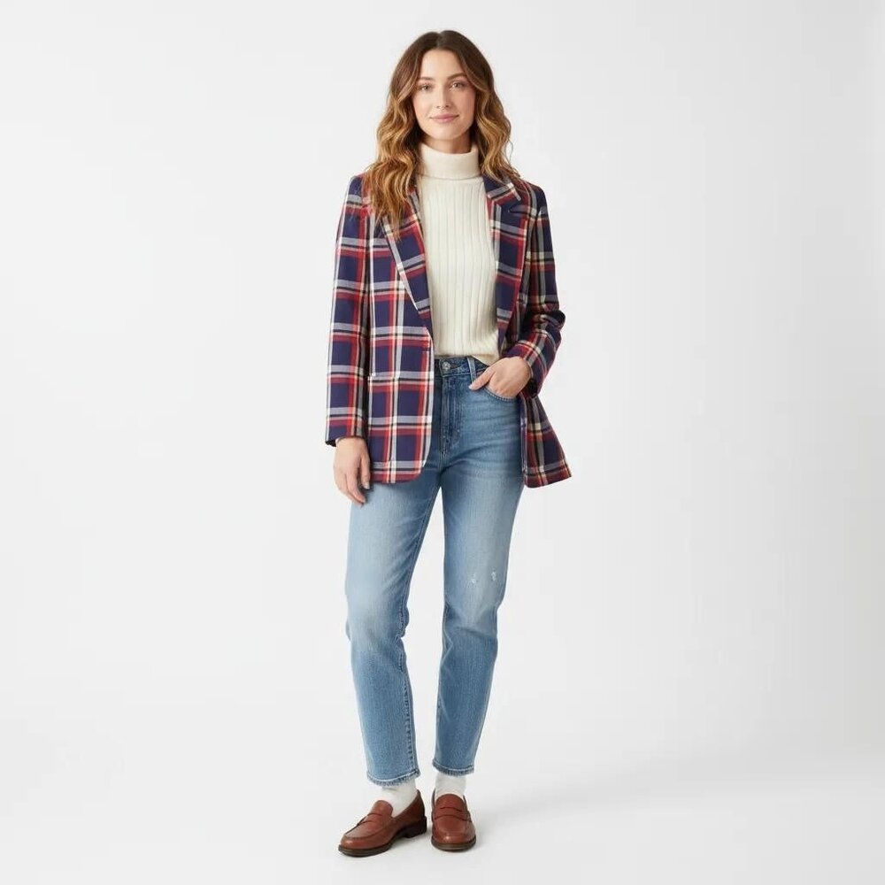 Pendleton Women's Vintage Red Blue Tartan Plaid Blazer Jacket Top Size Petite - Picture 1 of 12